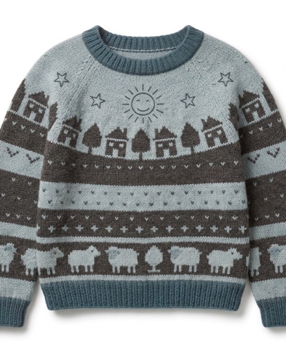 Design render of 005, a child's wool jumper in slate and pale blue with knitted sheep, houses and a sun