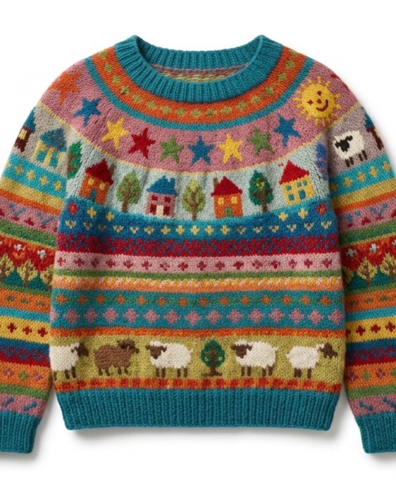 Design render of 006, a child's multicoloured fair-isle wool jumper with sheep, houses, stars and a sun