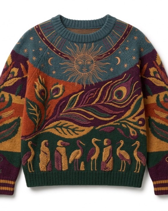 Design render of 007, an adult wool jumper in green, ochre and plum with a sun, feathers and cranes