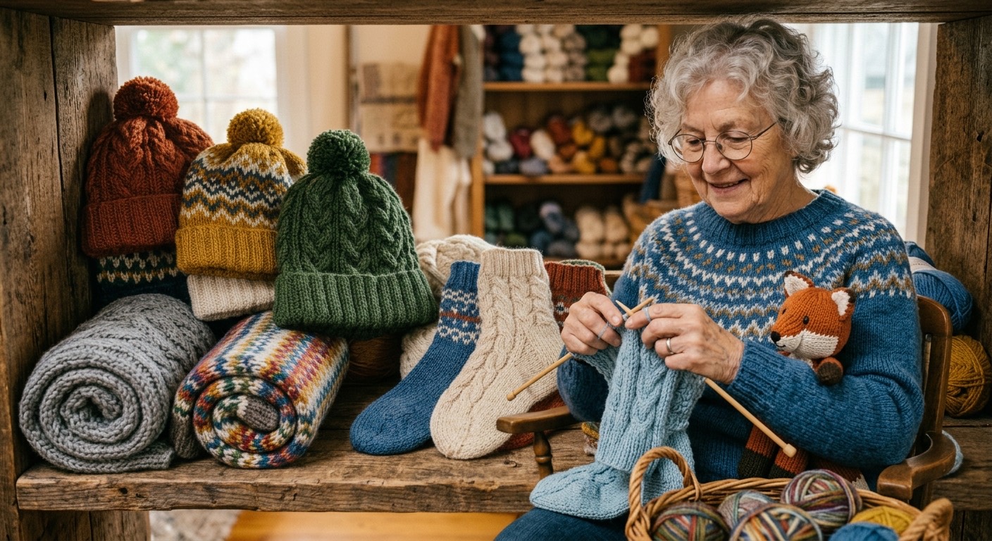 Hand-knitting in progress — wool, needles and finished pieces
