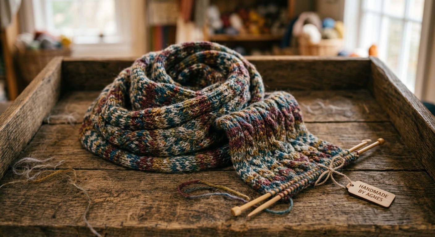 Design visual of a hand-knit scarf with a wooden maker's tag attached